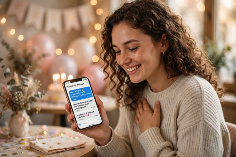 Person smiling while reading birthday wishes messages on a phone