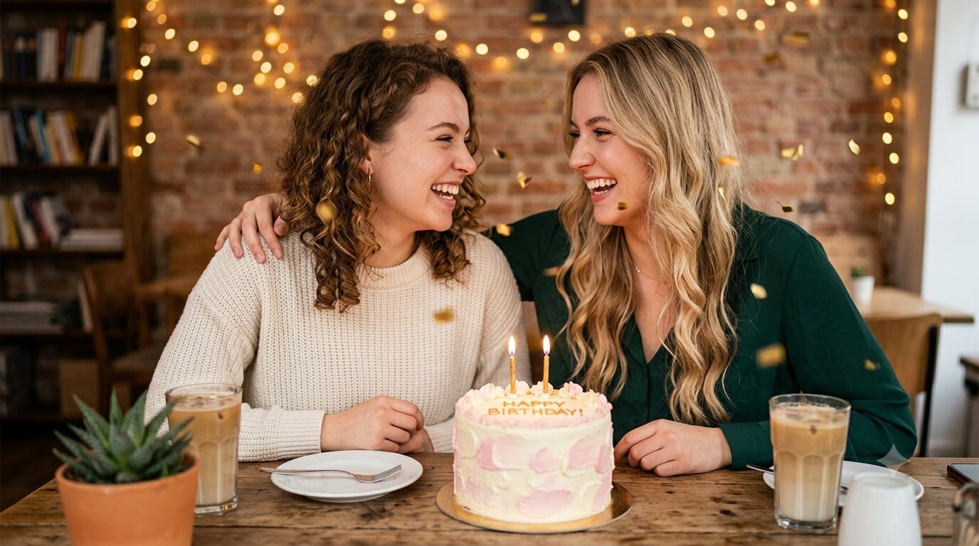 Two best friends laughing together while celebrating a birthday with cake