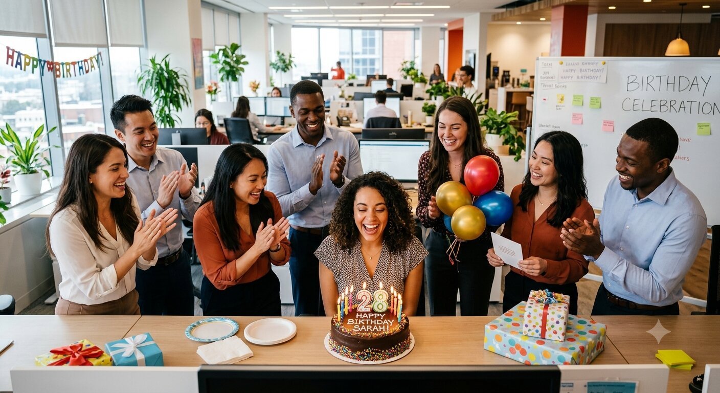 Coworkers celebrating a birthday together in an office setting