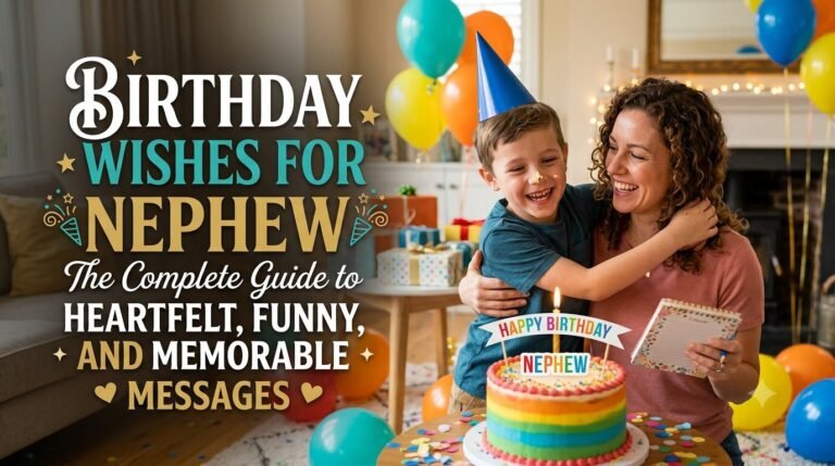 Birthday wishes for nephew written on a greeting card beside a birthday cake