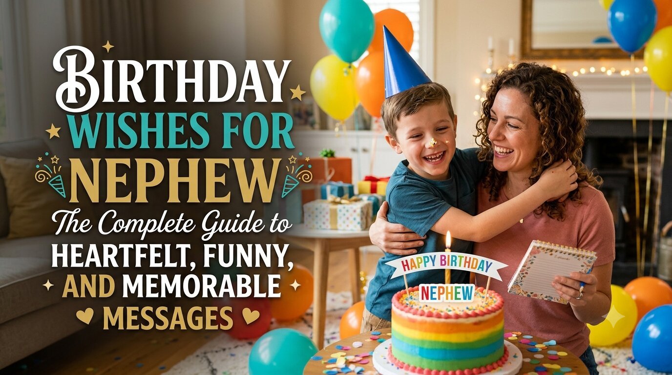 Birthday wishes for nephew written on a greeting card beside a birthday cake