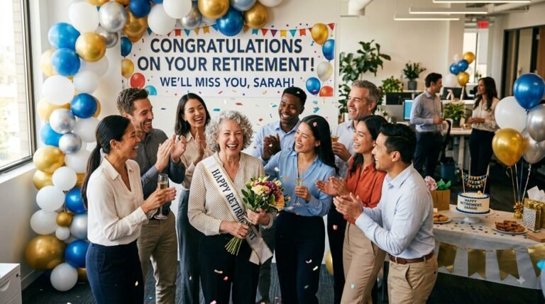 Group of coworkers celebrating with balloons and a banner at an office retirement party