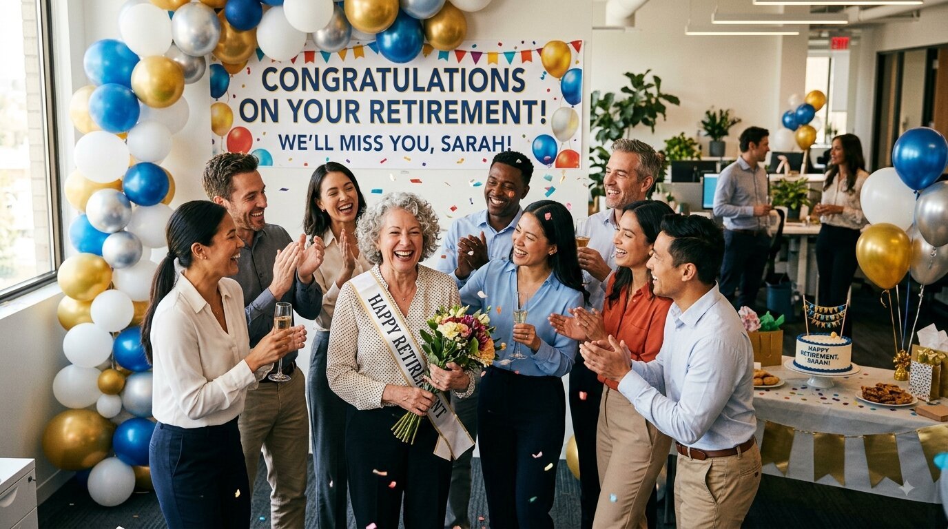 Group of coworkers celebrating with balloons and a banner at an office retirement party