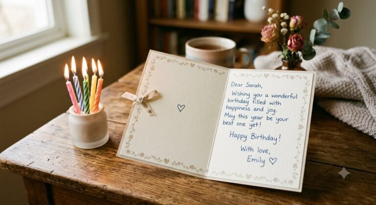 Handwritten birthday card with a simple birthday wish and lit candles nearby